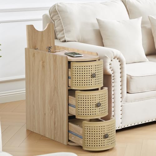 Narrow End Table with 3 Drawer, Metal Rattan Side Table with Storage, Narrow Charging Nightstand for Bedroom Bedside, Living Room Couch Sofa, Office, Desk Side Table for Small Spaces - Natural - size: Drawer Natural-1pcs