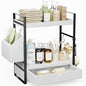 2-Tier Bathroom Counter Organizer, Wooden Vanity Shelf with Drawer & Basket | Pre-Drilled Holes, Skincare & Makeup Countertop Organizer and storage, White - color: White