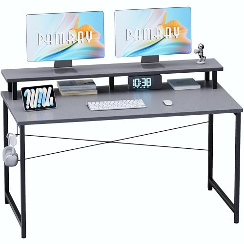 Pamray 47 Inch Small Computer Desk with Monitor Stand, Simple Office Desk with Headphone Hook for Small Spaces, Kids Study Writing Table for Bedroom, Grey - color: Grey, size: 47 Inch
