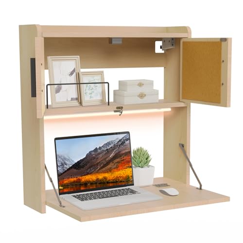 ARTETHYS Wall Mounted Desk Folding with LED Light Drop Down Hanging Desk | 3 Color Adjustable Light, Writing Workstation with Storage Compartment, Space Saving for Home Office, Wood Color - color: Wood Color With Light