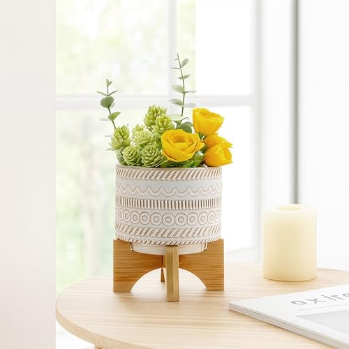 Embossed Ceramic Planters with Wood Stand for Flower Pots Home Decor Pots for Entryway, Tabletop, and Garden - Small Raised Container with Stand for Indoor and Outdoor Plants - 8", Ivory & Tan - color: Tribal Ivory/Beige