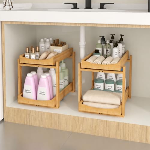 MHXW SXPN Bamboo Under Sink Organizer, 2 Pack Pull Out Cabinet Organizer | 2 Tier Vertical Smooth Slide Out Undersink Storage Shelf | Multi-Purpose Organizer Shelves for Kitchen Bathroom Medicine - color: Natural, size: 2 Pack-A