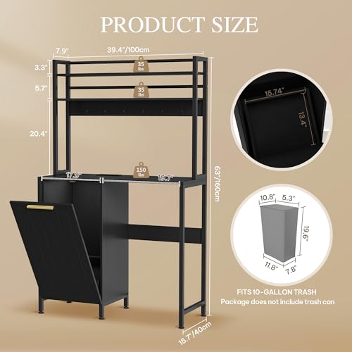 DWVO Fridge Stand with Tilt Out Trash Can Fit 10 Gallon | Mini Storage Bakers, Kitchen Rack with Power Outlets, Freestadning Coffee Bar Cabinet, 3-Tiers Coffee Stand Station - style: Antique-Black