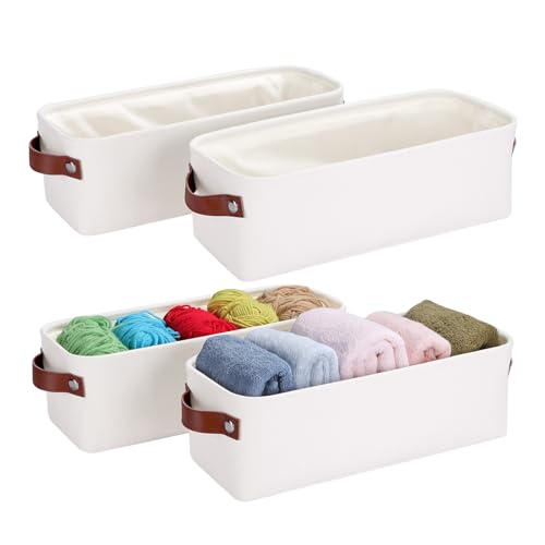 Small Fabric Storage Bins, 15x6x5 inch Narrow Storage Baskets 4-Pack Long Storage Basket for Organizing with Handles, Decorative Basket for Closets, Shelves, Toilet Paper, Off White - color: White, size: 15" x 6" x 5"