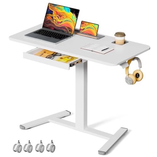 Mobile Standing Desk with Drawer, 40"×24" Small Standing Desk with Cup Holder, Rolling Laptop Workstaion on Wheels, Height Adjustable Table with Storage for Home Office, White - color: White, size: 40" Pro