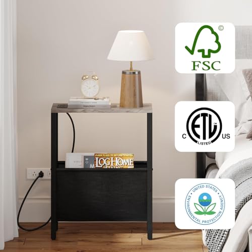 Narrow End Table with Charging Station, Slim Sofa Side Table with USB Ports & Outlet, Narrow Nightstand with Storage Bag, Small Side Table for Small Spaces, Living Room, Bedroom, Greige - color: Greige