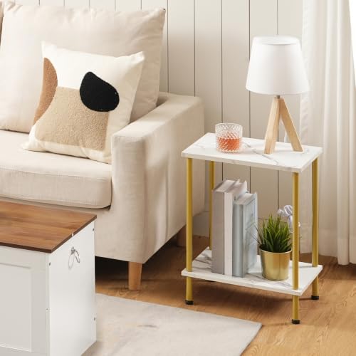 HOOBRO End Table, Small Side Table, Nightstand with 2-Layer Storage Shelves, Sofa Table for Small Spaces, Living Room, Bedroom, Stable Frame, Easy Assembly, Gold and Marble DM09BZ01 - color: Marble + Gold