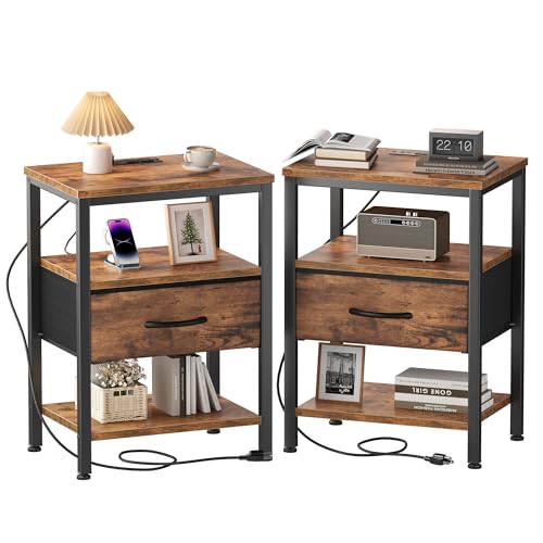 DUMOS Nightstands Set of 2 with Charging Station, Bedside Table with 1 USB-A, 1 USB-C & 2 AC Outlets, Fabric Drawer with Adjustable Open Shelf, Compact End Table for Bedroom, Rustic Brown - color: Rustic Brown, size: 15.7"Dx11.8"Wx23.4"H(1 Drawer, 2 Pack)