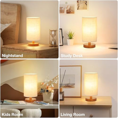 Fenmzee Small Table Lamp for Bedroom - Inline Control, Bedside Lamp with 3000K A15 LED Blub, Easy Assembly (Beige Shade - Walnut Base, 9" Inline Control) - color: Beige Shade - Walnut Base