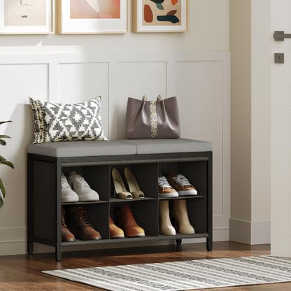 YATINEY Shoe Storage Bench with Cushion, Entryway Bench, Shoe Rack with Padded Seat and 6 Oxford Compartments, for Closet, Bedroom, Entryway, Black and Gray HX01BK