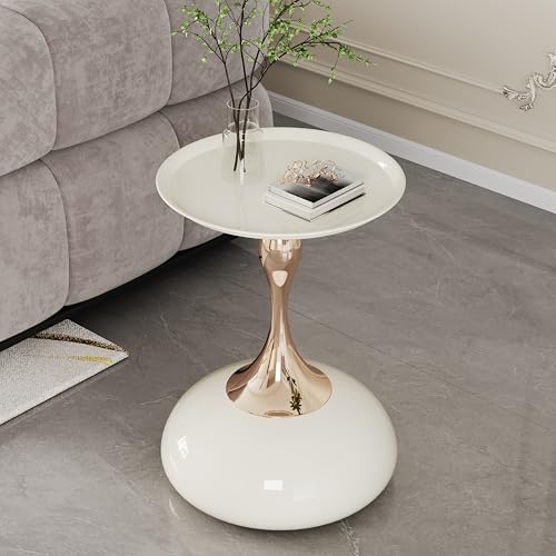 Luxury Round End Table White Gold Modern Small Side Table 15" Living Room Table Iron Sofa Coffee Table Cute Shape, White Gold - color: White