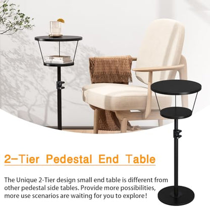Small Side Table, 2 Tier Drink Table, Height Adjustable Round End Table, Pedestal Side Table for Small Spaces in Living Room, Bedroom, Black - color: Black-2 Tier