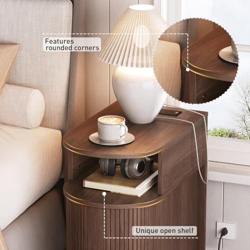 RALGEND Narrow End Table with Charging Station, Fluted Sofa Side Table with Sliding Curved Door and Storage Shelf, Mid-Century Bedside Table, Modern Nightstand for Living Room, Bedroom, Walnut - color: Walnut