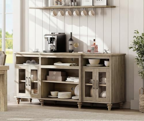 WAMAPT Buffet Cabinet with 4 Glass Doors, Large Coffee Bar Tables Wood Kitchen Storage Cabinets with 9 Storages, Modern Farmhouse Sideboard Credenza, Wash Gray, 70 inch - color: Wash Grey