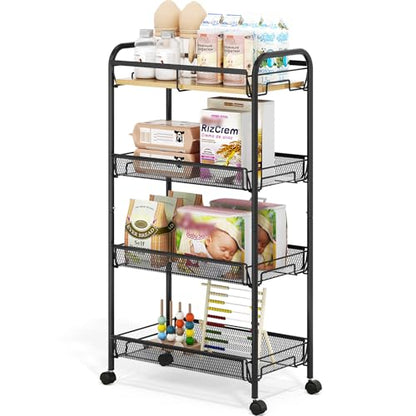 TOOLF 4-Tier Rolling Cart, Metal Utility Cart, Slide Out Storage Cart with Wooden Tabletop and Mesh Baskets, Easy Assemble Trolley for Kitchen Bathroom Laundry Room Bedroom Apartments Dormitory - size: Wide, style: Black