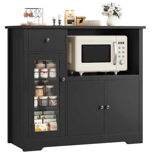 HORSTORS Microwave Cabinet, Kitchen Storage Cabinet with 3 Doors and 1 Drawer, Buffet Sideboard with Adjustable Shelves, Microwave Stand for Kitchen, Dining Room, Black - color: Black