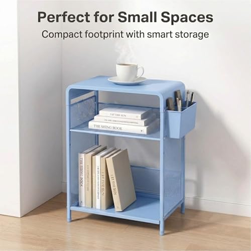 ECOLOVI 3 Tier Printer Stand for Under Desk, Height Adjustable Shelf Small Printer Table with 3 S-Hooks & Basket, Heavy Duty Industrial Storage Shelf for Home Office (Blue Metal) - color: Blue