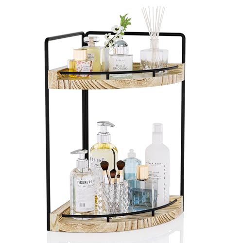 Corner Bathroom Counter Organizer, 2 Tier Wood Vanity Storage, Waterproof Skincare Shelf for Kitchen & Toiletries Decor, Dresser (Rustic-2 Tier) - color: Rustic-2 Tier