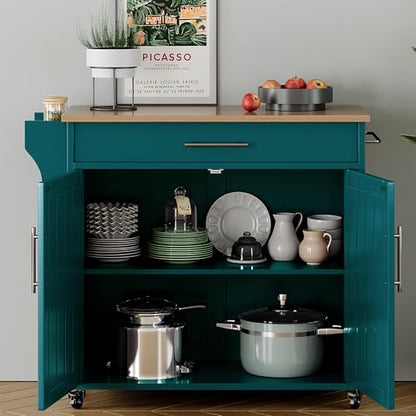 Wood Kitchen Island with Storage, Rolling Kitchen Island On Wheels, Mobile Island Trolley Cart Sideboard Cabinet with Towel Rack, Spice Rack, Adjustable Shelf, Wooden Top & Large Drawer, Dark Green - color: Dark Green