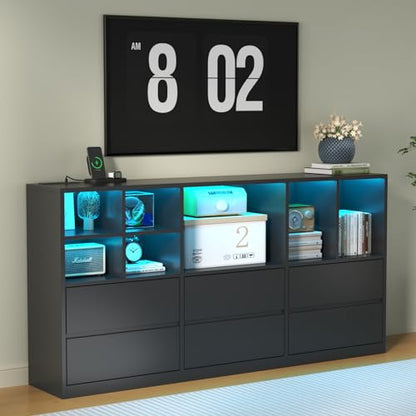 Modern TV Media Console with 6 Drawers & 7 Storage Cubbies, LED Lights & Power Outlet, 63" TV Cabinet with Adjustable Open Storage Shelf, for Living Room (Black) - color: Black