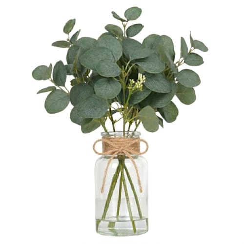 Velener Faux Eucalyptus Stems in Vase with Faux Water, Fake Plants Indoor Artificial Eucalyptus Plant for Home Decor, Kitchen Bathroom Farmhouse Living Room Coffee Table Centerpieces Green-1 Pack - color: Green Round Eucalyptus