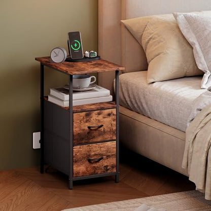 Somdot End Table with Charging Station, Narrow Side Table with 2 Fabric Drawers, Skinny Nightstand with Storage, Small Slim Bedside Table for Living Room, Sofa, Bedroom, Couch, Wood Grain Print - color: Wood Grain Print
