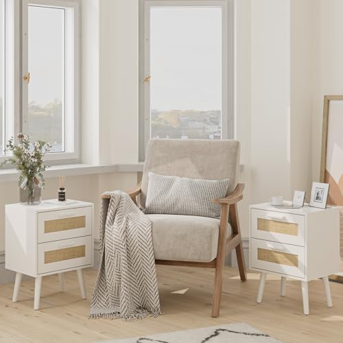 Masupu Rattan Night Stand, Modern nightstand Boho Bedside Table with 2 Drawer, Small End Side Table for Bedroom,Living Room,Office,White - color: White