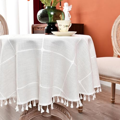 Plaid Round Tablecloth 48 Inch Cotton Linen Round Table Cloth - color: Off-white, size: 48" (Round)