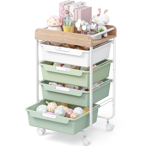 SYKIARIOL Rolling Storage Utility Cart with 4 Drawers,Kids Craft Art Cart,Makeup Organizer and Storage with Wooden Tabletop,Green - color: Green, size: 4-Drawers