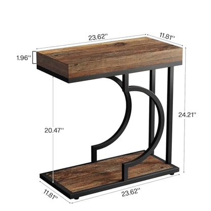 Tribesigns C Shaped Modern End Table for Coach with Metal Frame | Wood Grain, Small Side Table for Living Room, Nightstand for Bedroom, Rustic Brown&Black - color: Rustic Brown&black