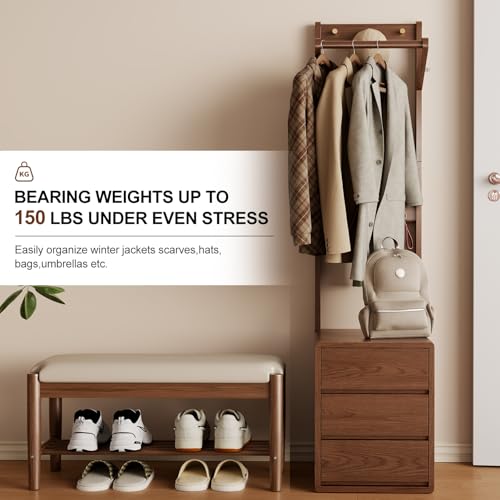 Solid Wood Coat Rack Freestanding,Standing Coat Rack with 3 drawers,Clothing Racks for Hanging Clothes,Narrow Hall Tree with Storage,Walnut Nightstand with 6 Coat Hooks for Bedroom Entryway Corner - size: 3 drawers