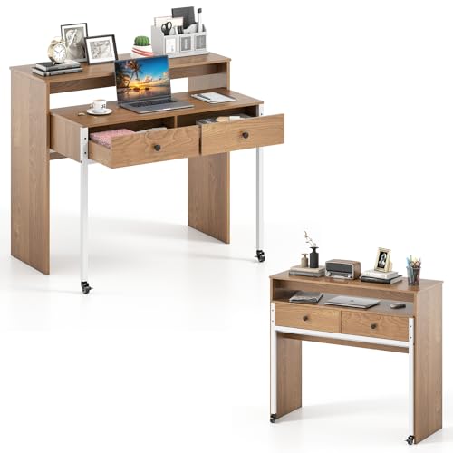 Giantex Small Computer Desk with Hutch & Drawers, Extendable Writing Desk w/Pull Out Secondary Table, Monitor Stand & Rolling Wheels, Console Table, Compact Desk for Small Spaces (Natural) - color: Natural