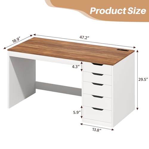 YOMILUVE 47 Inch Computer Desk with 5 Drawers and Power Outlets, Home Office Desks with Storage File Cabinet, Modern Simple Laptop Desk Writing Table for Small Spaces, Brown and White - color: Brown and White
