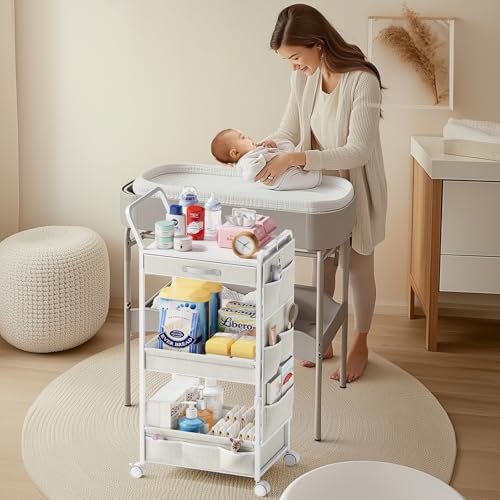 BBLIKE 3-Tier Diaper Caddy Organizer - Rolling Utility Baby Cart with Drawer and Side Pockets for Nursery and Baby Essentials, Multi-Function Cart for Bedroom and Bathroom, White - style: Drawer-White