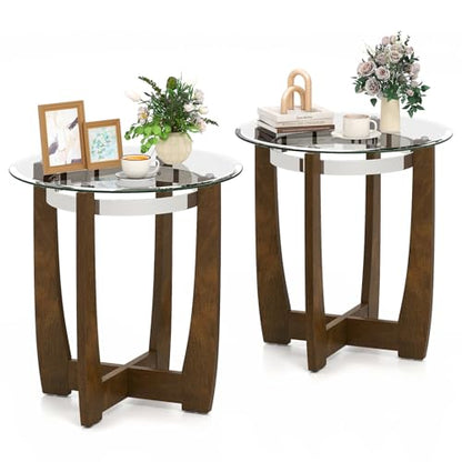 Giantex Round Glass End Table Set of 2, 24’’ Side Table with Tempered Glass Top, Nightstands with Cross & Solid Rubber Wood Base, Compact Bedside Night Stand for Bedroom Office Living Room (2, Walnut) - color: Walnut