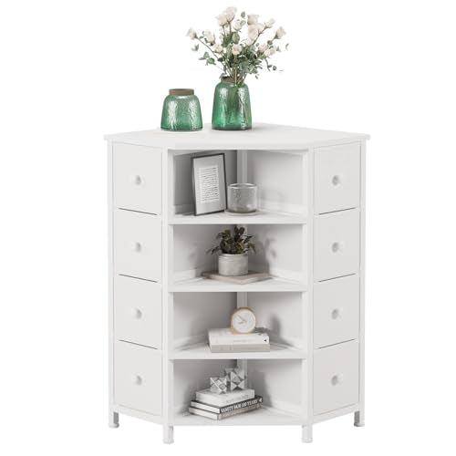 LUMTOK 8 Drawers Corner Dresser with Fabric Drawers and Shelf for Bedroom | White Corner dresser with wooden top&4 open shelves,Corner shelf with fabric drawers&Steel Frame for Living Room,Closet - color: White