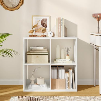 4 Cube Storage Organizer, 2 Tier Floor Standing Bookcase, Small Bookshelf for Small Spaces, Wooden Open Display Shelf for Living Room, Bedroom, Study, White Bookshelf with Open Back - size: 4 Cubes