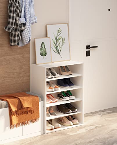 HAIOOU 5 Tier White Shoe Rack with One Movable Storage Shelf, 24 Inches | Stackable Wooden Shoe Organizer Freestanding shoe stand, Holds 10-15 Pairs, Fits Entryways, Closets, Dorms, Apartments