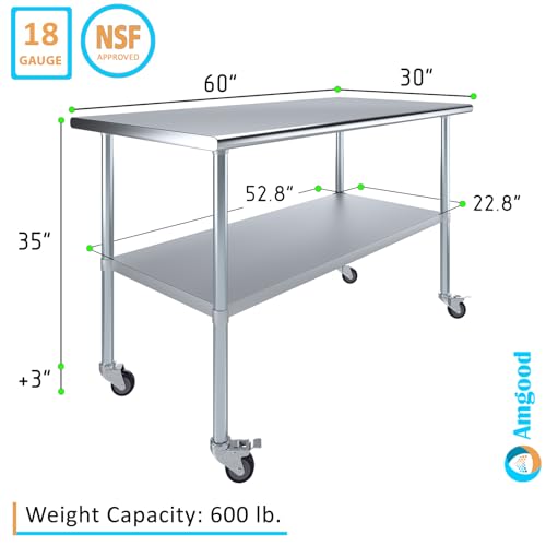 AmGood 60" Long x 30" Deep Stainless Steel Table with Casters - size: 60" Long x 30" Deep