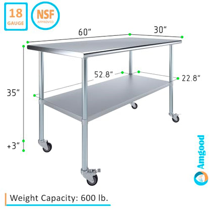 AmGood 60" Long x 30" Deep Stainless Steel Table with Casters - size: 60" Long x 30" Deep