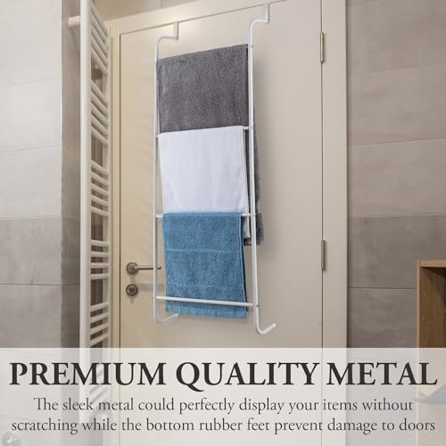 MyGift 4 Tier White Metal Over the Door Towel Rack Bathroom Holder Ladder | Space Saving Over Shower Door Drying Rack for Towels & Blankets, Linens Washcloths Clothing Guest Room Apartment Dorm