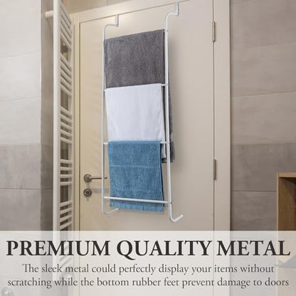 MyGift 4 Tier White Metal Over the Door Towel Rack Bathroom Holder Ladder | Space Saving Over Shower Door Drying Rack for Towels & Blankets, Linens Washcloths Clothing Guest Room Apartment Dorm