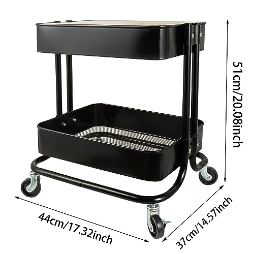 2 Tier Utility Cart，Metal Rolling Cart with Wheels and Cover for Office Home Kitchen Organization (Black-1, 2 Tier) - color: Black-1