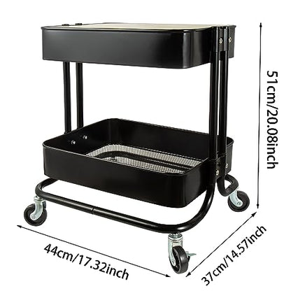 2 Tier Utility Cart，Metal Rolling Cart with Wheels and Cover for Office Home Kitchen Organization (Black-1, 2 Tier) - color: Black-1