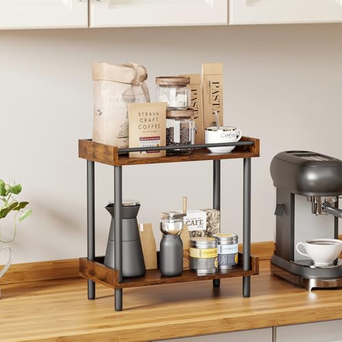 Coffee Bar Organizer and Kitchen Countertop Shelf - 2 Tier Spice Rack, Mug Holder, Storage Stand for Coffee Station Accessories Wooden Bathroom & Desk Organizers