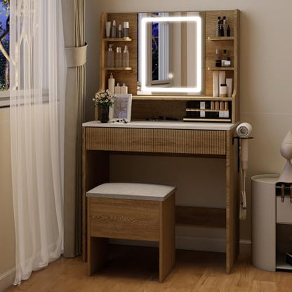 YOURLITE 31.5" Fluted Makeup Vanity Desk with LED Mirror and Stool | Small Vanity Table Set, 3 Lighting Modes, Charging Station, Hairdryer Holder, Cushioned Stool - size: 31.5", style: Wooden