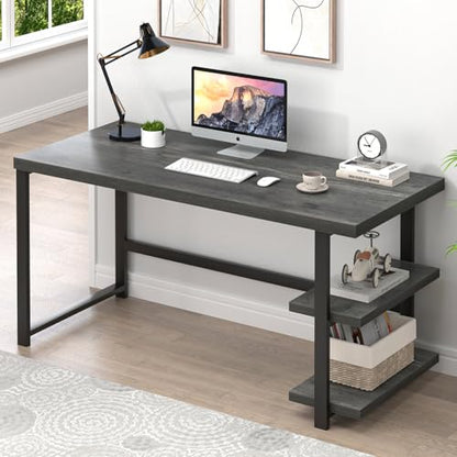 EXCEFUR Industrial Computer Desk, Home Office Desk with Storage Shelves, Wood Study Writing Table for Bedroom, Living Room, Grey, 53 Inch - color: Grey