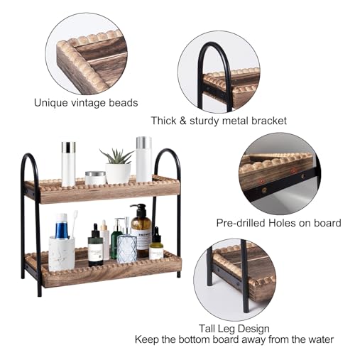 BDBDYEAY Bathroom Countertop Organizer, 2 Tier Vanity Organizer and Storage for Cosmetic Skincare Perfume, Wood Bead Storage Shelf for Bathroom Kitchen Coffee Station