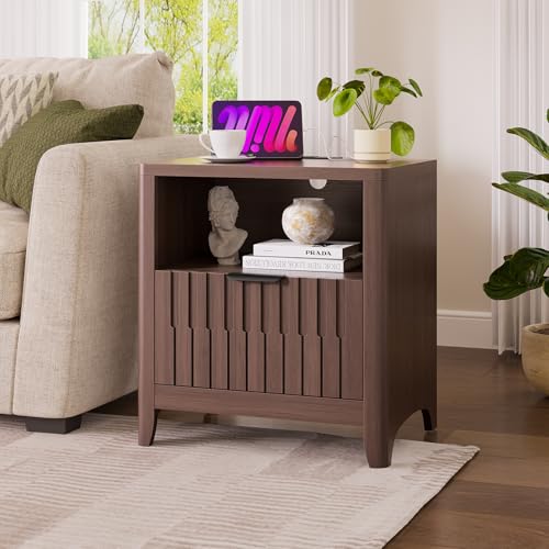 Fluted Nightstand with Charging Station, 21" Wide Modern Bedside Table with Storage Drawer, Wide Open Shelf & Curved Corner, Mid Century Night Stand End Side Table for Bedroom, Walnut