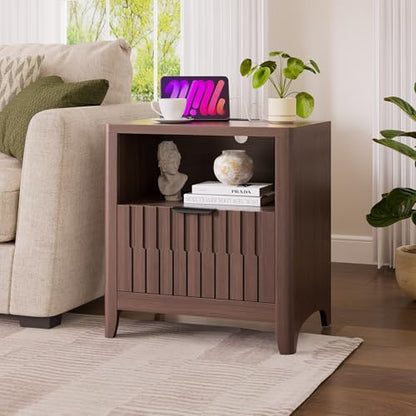 Fluted Nightstand with Charging Station, 21" Wide Modern Bedside Table with Storage Drawer, Wide Open Shelf & Curved Corner, Mid Century Night Stand End Side Table for Bedroom, Walnut